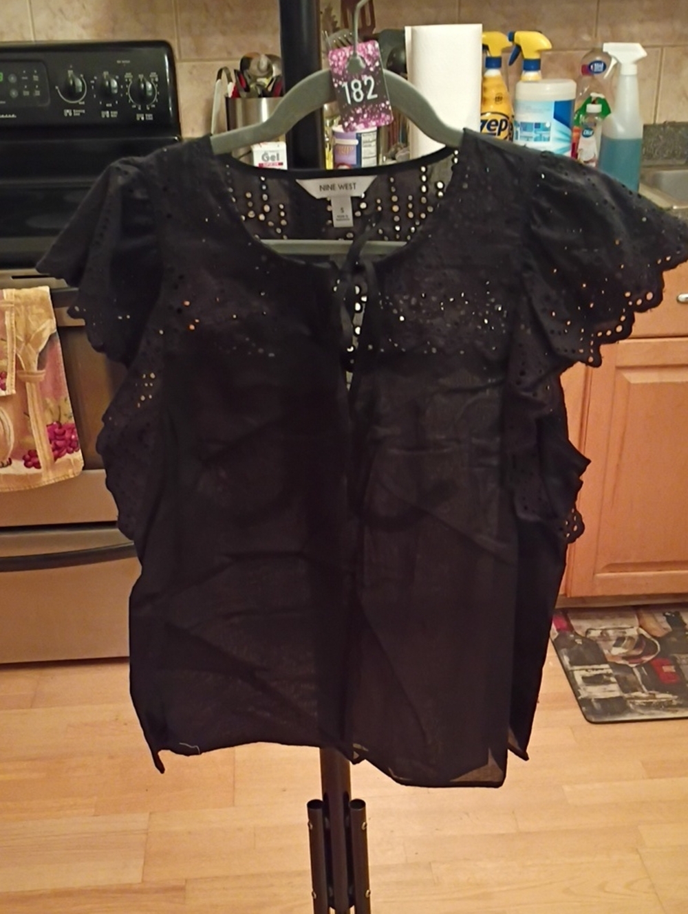 Nine West Black Eyelet Tie-Neck Flutter Sleeve Top